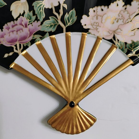 Fitz & Floyd Cloisonne Peony Black Porcelain Plate Fan Shaped Japan Ceramic Gold - Picture 4 of 9